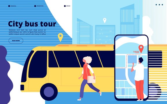 City Bus Tour. Tourists And Urban Bus Vehicle With Cityscape And Map Mobile App. Tourism And Transportation Vector Landing Page. Illustration Bus City Tour Banner, Transportation Travel