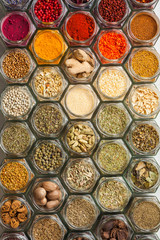 Bright colorful top view spices and herbs