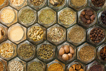 Pastel top view seamless texture with spices and herbs