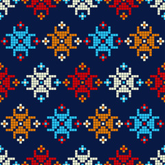 Fototapeta premium Seamless vector background with Norwegian snowflakes. Pixel snowflakes. Merry Christmas! Winter pattern. Can be used for wallpaper, textile, invitation card, wrapping, web page background.