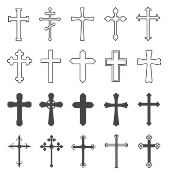 Christian cross set. Catholic and orthodox crucifix crosses. Divine religion, faith pray and church outline vector symbols. Christianity and catholicism symbol, orthodox crucifix jesus illustration