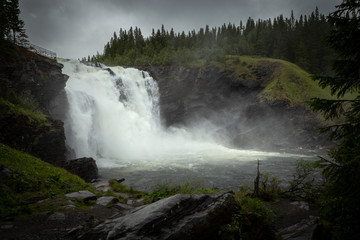 Fototapeta na wymiar Waterfall Tannforsen in Sweden after rainy days.