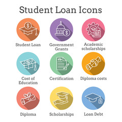 Student Loans Icon Set with Academic Scholarships & Debt Imagery