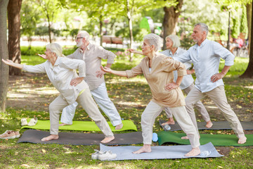Naklejka na ściany i meble Group of elderly people practicing chi kung outdoors