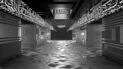 Sci fi interior futuristic room corridor garage alien space ship pipes communication glowing neon light fog 3D rendering