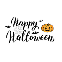 Happy Halloween text banner. Halloween greeting card with pumpkin and bats. Trendy lettering template. Vector eps 10.