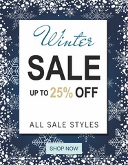 Fototapeta na wymiar Winter sale banner with snowflakes isolated on blue background.