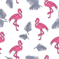 Seamless tropical pattern with flamingos and tropical leaves. Summer illustration of a flamingo for kids, textiles, background, nursery, birthday