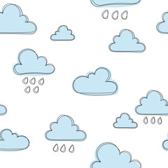 Clouds with drops and rain. Cute seamless pattern with clouds, cartoon illustration, background for kids, wallpapper, pattern for scrapbooking