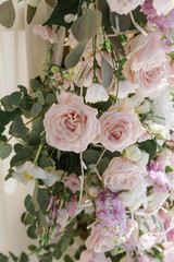 Wedding floristics. Pastel shades of fresh colours in wedding design