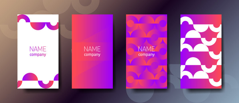 Set of four bright color vertical abstract business cards with graphic elements and text. 