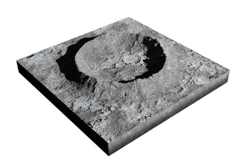 cross section of crater on the surface of the Moon, isolated on white background (3d rendering)