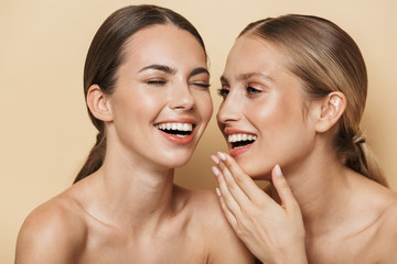 Optimistic beautiful blonde and brunette women talking with each other laughing.