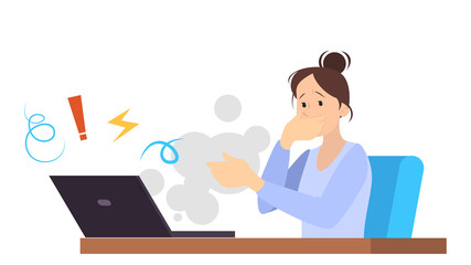 Woman sitting at the desk. argue in the internet.