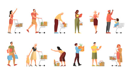 People walking with shopping cart in supermarket set.