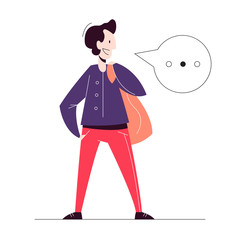 Man standing and speaking. Young adult person make