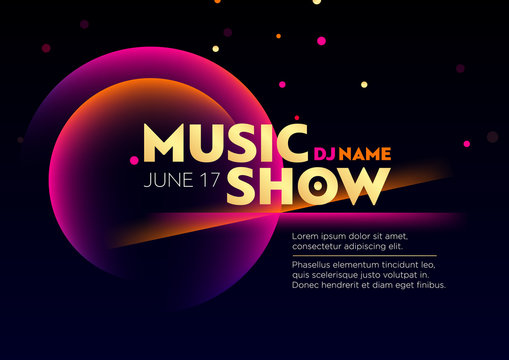 Horizontal music show poster with bright color graphic elements, dark background and text. 