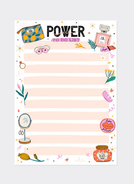 Collection of weekly or daily planner, note paper, to do list, stickers templates decorated by cute beauty cosmetic illustrations and trendy lettering. Trendy scheduler or organizer. Flat vector