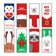 Christmas greeting card set. Animal in Santa Claus hat