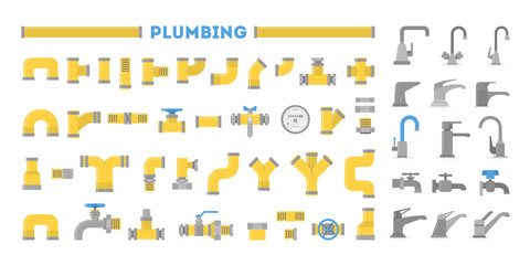 Plumber set, collection of pipe and tap. Plumbing industry. - obrazy, fototapety, plakaty
