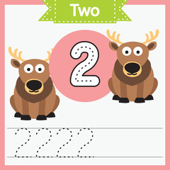 Baby learning cards with numbers and animals. Learning to count and to write numbers. Handwriting practice sheet. Educational game for children. Number 2