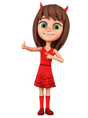 Girl in a devil costume indicates a thumbs up on a white background. 3d render illustration. Halloween holiday.