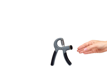 Hand with expander, sport equipment. Isolated background