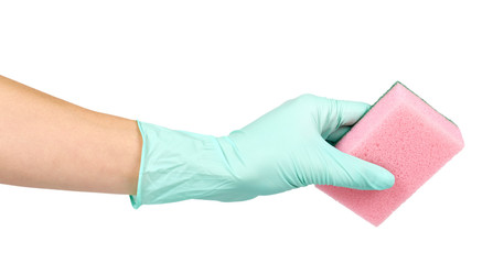Hand with rubber glove and sponge, protection uniform, hygiene cleaning tool.