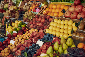 Various fruits on the display counter stock photo