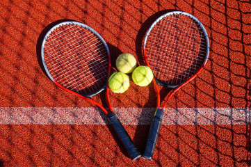 Top view tennis scene with shadow ball and racquet