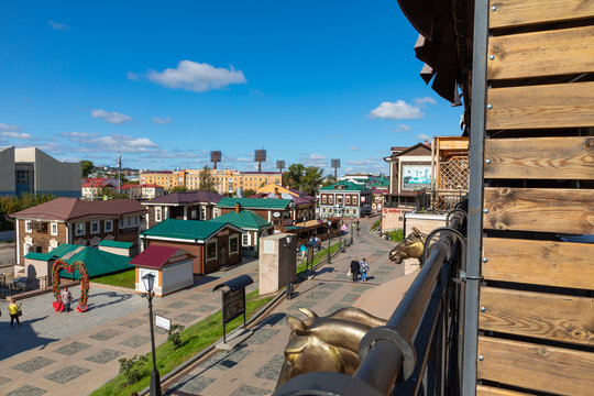 IRKUTSK, RUSSIA - SEPTEMBER 08, 2019:130 Kvartal quarter (Irkutsk Sloboda) is a specially created area of historic buildings in the center of Irkutsk, Russia.