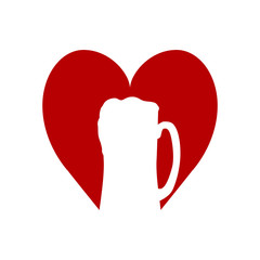 love beer. Beer mug in red heart. Abstract concept, icon. Vector illustration on white background.