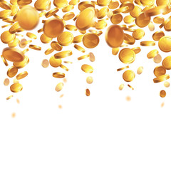 Falling from the top a lot of gold coins on a transparent or white background. Rain of money. 