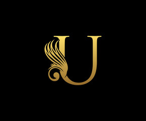 Classy Gold Letter U Logo Icon . Initial Letter U Design Vector Luxury Gold Color.Print monogram initials stamp line art sign symbol.