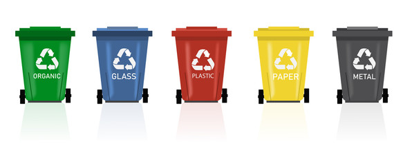 Recycle Bins.Green,blue,red,yellow and black Recycle Bins with recycle waste symbol on isolate background.