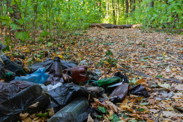 garbage in the forest, consisting of plastic bottles and plastic bags