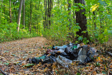 garbage in the forest, consisting of plastic bottles and plastic bags