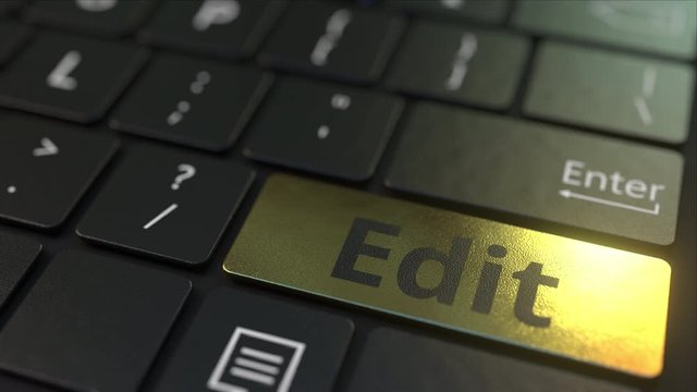 Black computer keyboard and gold edit key. Conceptual 3D animation