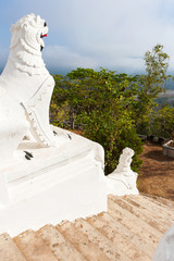 Elegant Singha statue on the mountain peak.