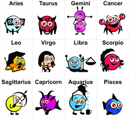 the Zodiac Signs. The astrological signs is Aries, Taurus, Gemini, Cancer, Leo, Virgo, Libra, Scorpio, Sagittarius, Capricorn, Aquarius and Pisces. Ram, bull, twins, crab, lion, maiden, scales...