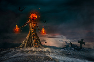 Evil Scarecrow Halloween Terrifying Scene