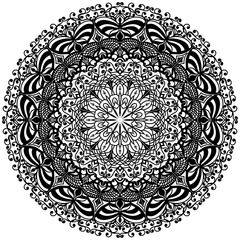 Mandala in black on a white background. Oriental pattern. Ethnic motive. Coloring book. Template for a tattoo, henna ornanent. Psychedelic vector.