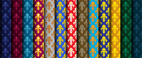 Royal Heraldic Lilies (Fleur de lis) -- Rich colorful wallpaper, fabric textile, seamless pattern, set of 13 versicolored rolls. © «MysticaLink»