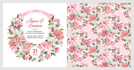 Cover of wedding invitation and seamless pattern. White and pink Roses, Peonies and white Lilies on light background.