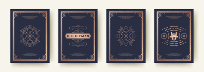 Naklejka premium Christmas greeting cards vintage design, ornate decoration symbols and winter holidays wishes vector illustration