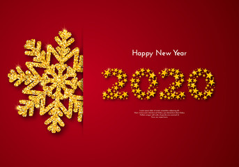 Obraz na płótnie Canvas Holiday gift card. Happy New Year 2020. Numbers of golden stars, snowflake on red background. Template for a banner, poster, invitation. Vector illustration