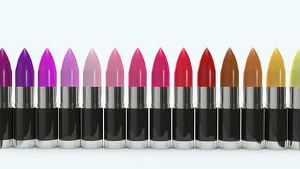 multi colour  lipsticks  3d rendering for cosmetics concept.