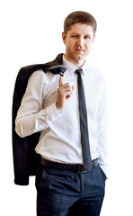 Businessman carelessly holds suit jacket behind the back.