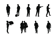 People silhouettes: cook, elderly man points out, woman with flowers, man looks at the phone, walking peoples