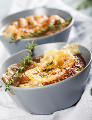 Onion soup with dried bread and cheese
